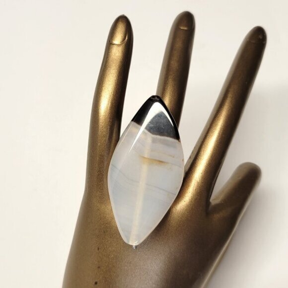 Banded White Black Agate Polished Ring Adjustable Band Semi Precious Ring - Picture 7 of 8